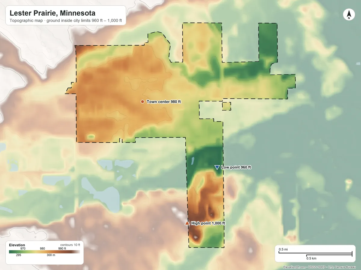 Topographic elevation map of Lester Prairie, Minnesota, shaded from 960 ft on the southeast side to 1,000 ft on the south side