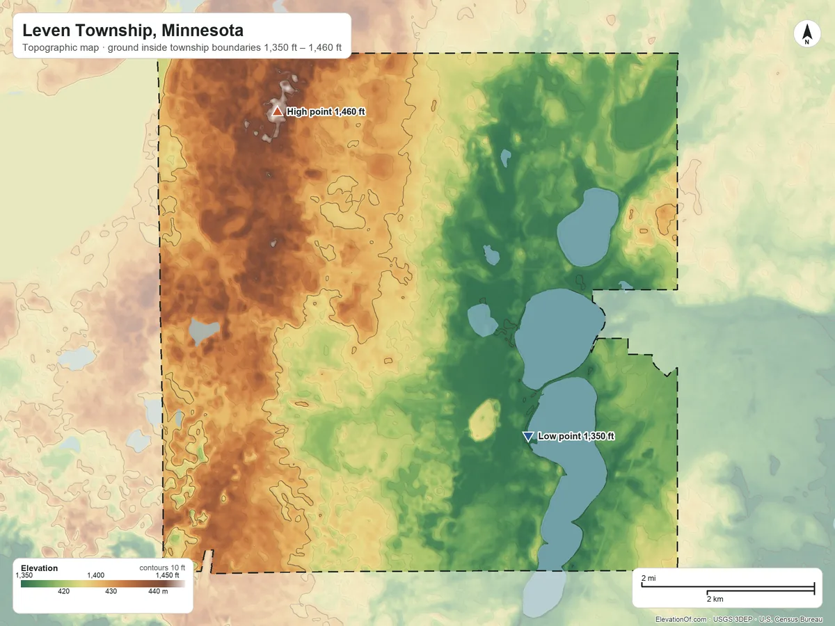 Topographic elevation map of Leven Township, Minnesota, shaded from 1,350 ft on the southeast side to 1,460 ft on the northwest side