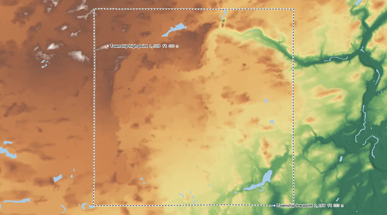 Topographic elevation map of Lewis Township, Minnesota, shaded from 1,160 ft on the south side to 1,320 ft on the west side