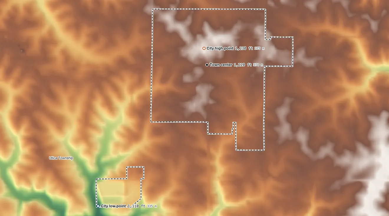 Topographic elevation map of Lewiston, Minnesota, shaded from 1,110 ft on the southwest side to 1,230 ft near the middle
