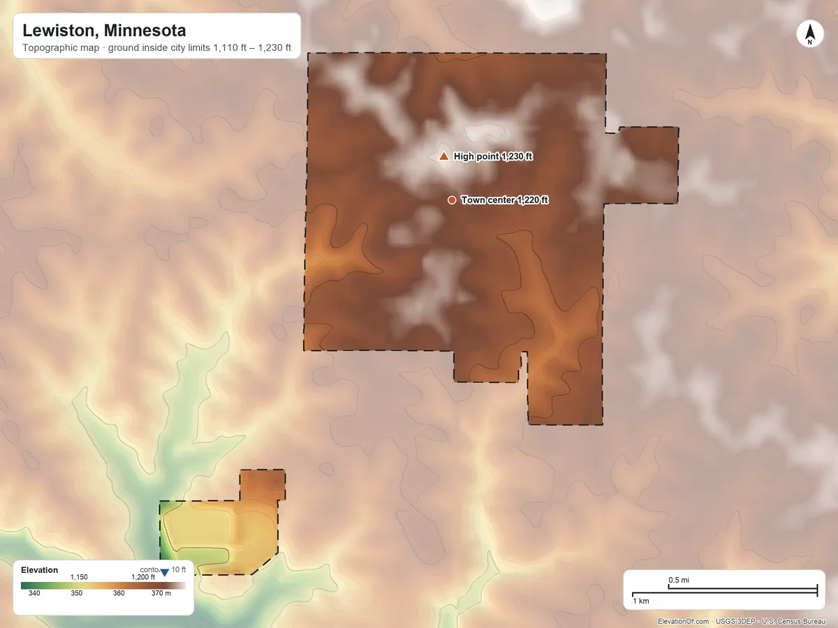 Topographic elevation map of Lewiston, Minnesota, shaded from 1,110 ft on the southwest side to 1,230 ft near the middle