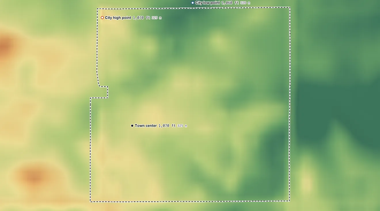 Topographic elevation map of Lewisville, Minnesota, shaded from 1,060 ft on the northeast side to 1,070 ft on the north side
