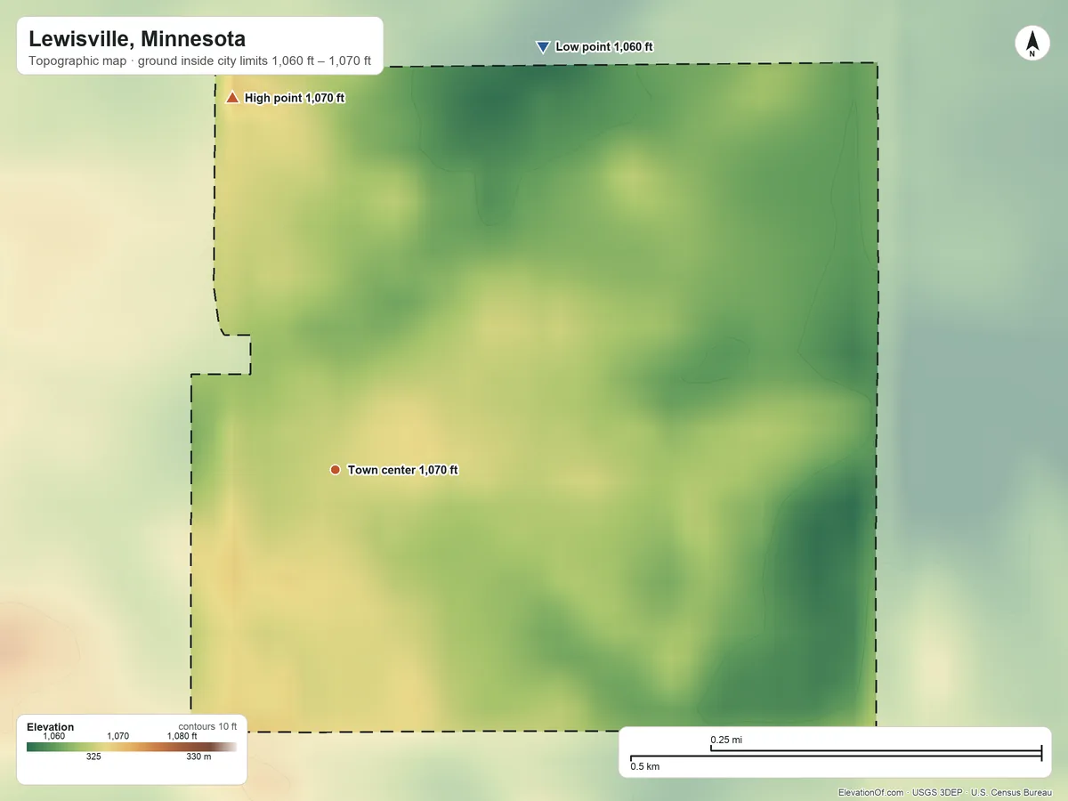 Topographic elevation map of Lewisville, Minnesota, shaded from 1,060 ft on the northeast side to 1,070 ft on the north side