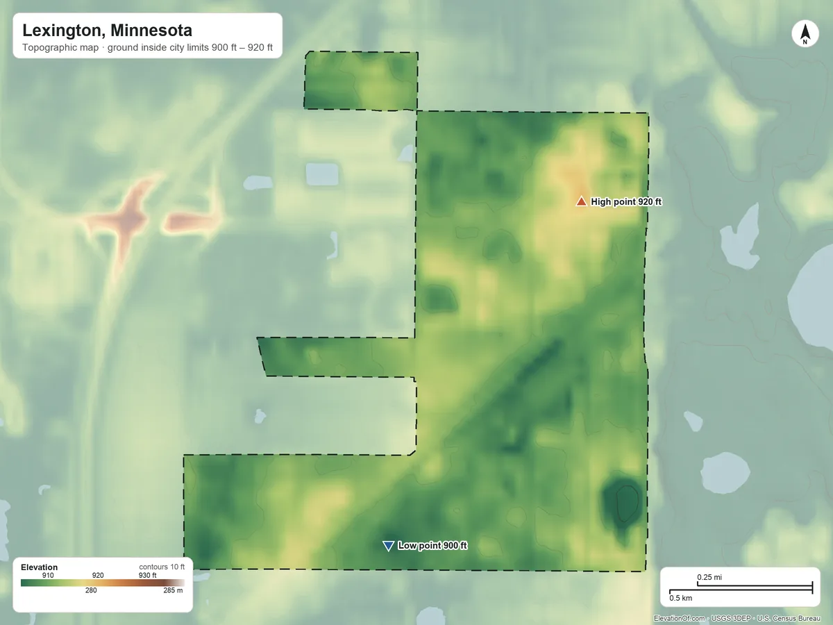 Topographic elevation map of Lexington, Minnesota, shaded from 900 ft on the southwest side to 920 ft on the northeast side