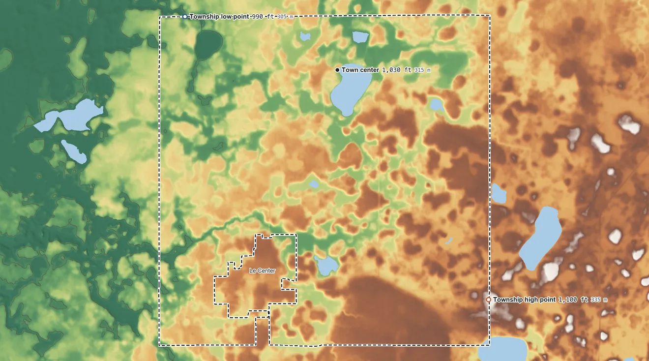 Topographic elevation map of Lexington Township, Minnesota, shaded from 990 ft on the west side to 1,100 ft on the southeast side
