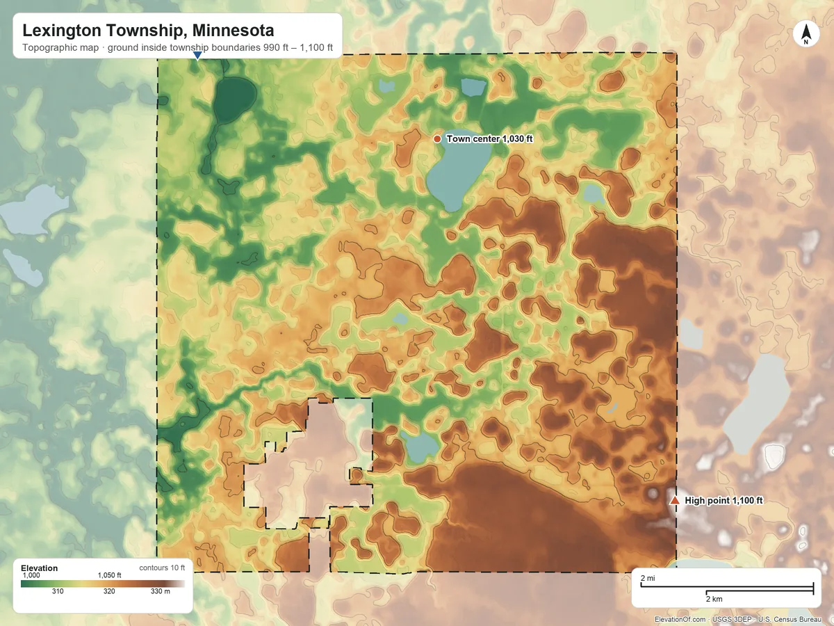 Topographic elevation map of Lexington Township, Minnesota, shaded from 990 ft on the west side to 1,100 ft on the southeast side