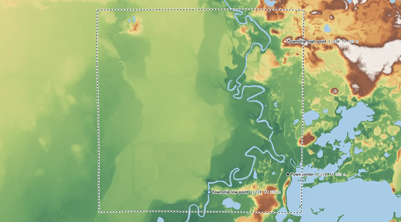 Topographic elevation map of Libby Township, Minnesota, shaded from 1,210 ft on the west side to 1,330 ft on the north side