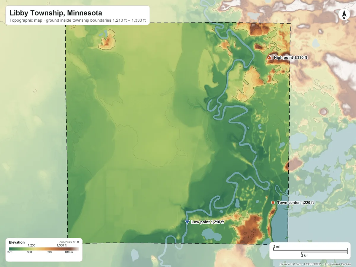 Topographic elevation map of Libby Township, Minnesota, shaded from 1,210 ft on the west side to 1,330 ft on the north side