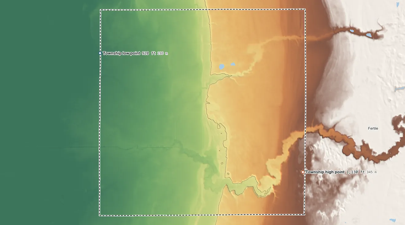 Topographic elevation map of Liberty Township, Polk County, Minnesota, shaded from 920 ft on the west side to 1,130 ft on the southeast side