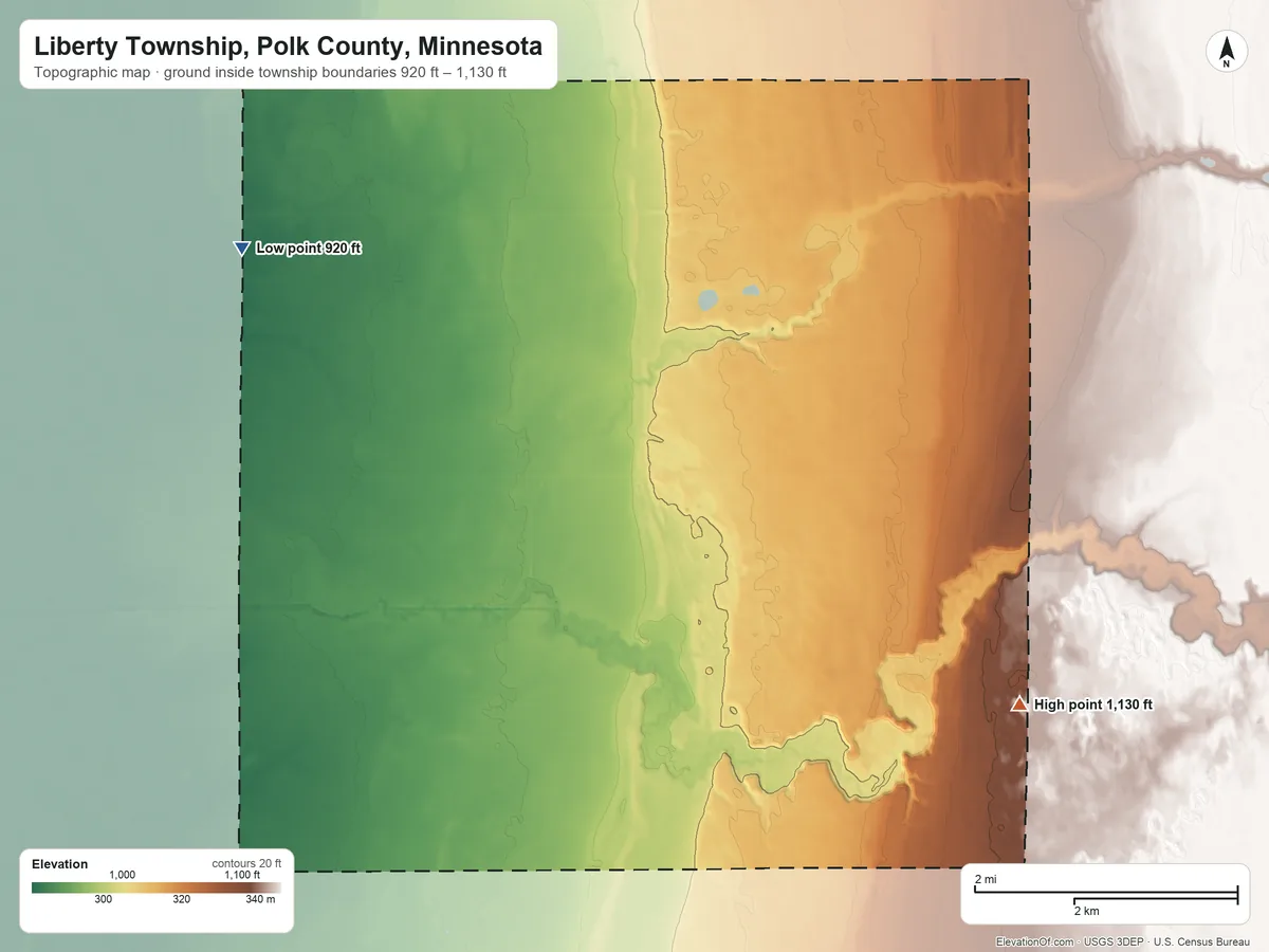 Topographic elevation map of Liberty Township, Polk County, Minnesota, shaded from 920 ft on the west side to 1,130 ft on the southeast side