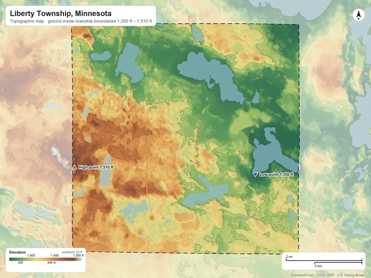 Topographic elevation map of Liberty Township, Minnesota, shaded from 1,350 ft on the east side to 1,510 ft on the west side