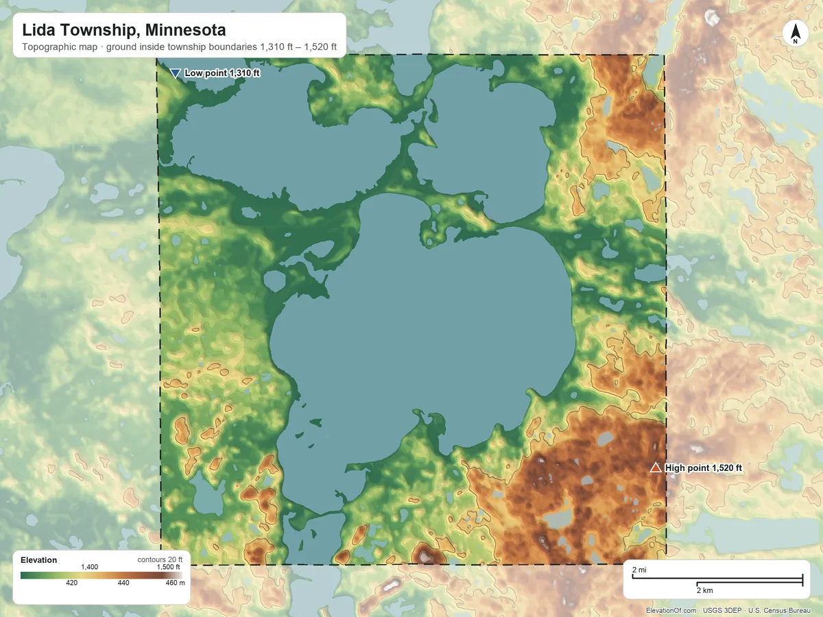 Topographic elevation map of Lida Township, Minnesota, shaded from 1,310 ft on the northwest side to 1,520 ft on the southeast side