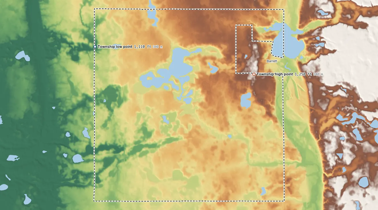 Topographic elevation map of Lien Township, Minnesota, shaded from 1,110 ft on the northwest side to 1,250 ft on the northeast side