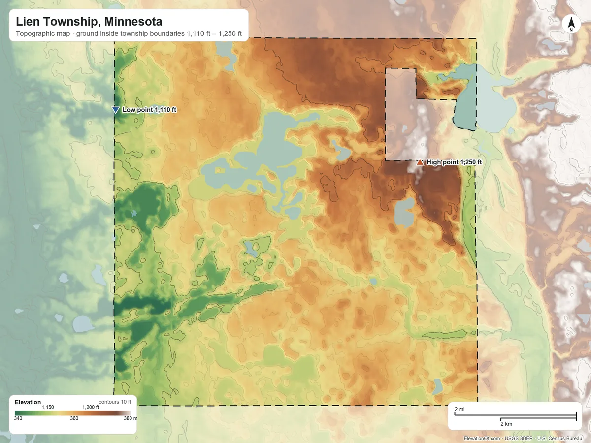 Topographic elevation map of Lien Township, Minnesota, shaded from 1,110 ft on the northwest side to 1,250 ft on the northeast side
