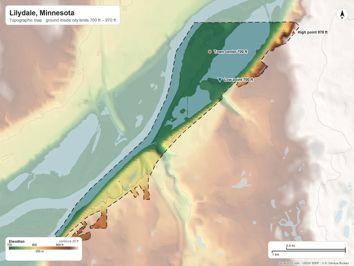 Topographic elevation map of Lilydale, Minnesota, shaded from 700 ft near the middle to 970 ft on the east side