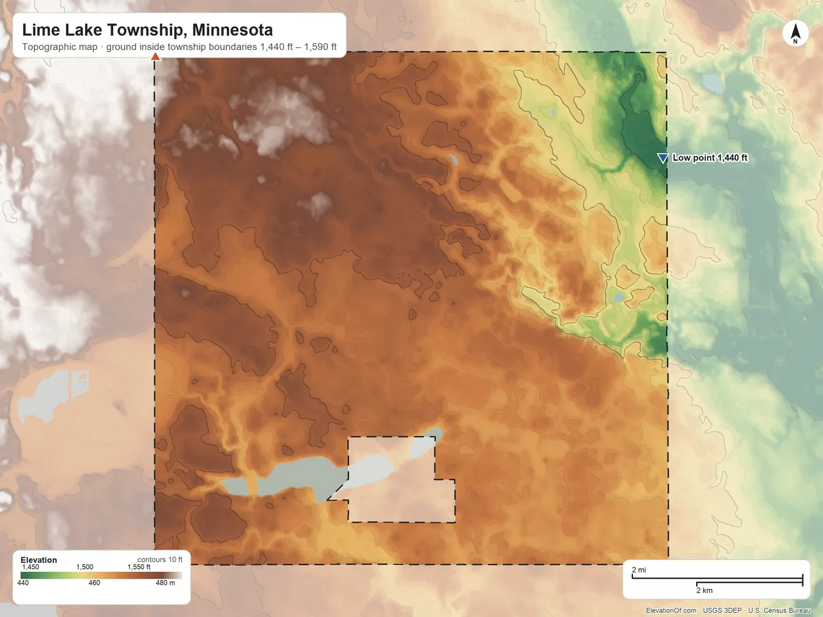 Topographic elevation map of Lime Lake Township, Minnesota, shaded from 1,440 ft on the east side to 1,590 ft on the northwest side