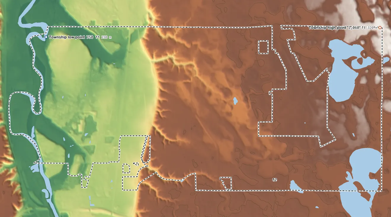 Topographic elevation map of Lime Township, Minnesota, shaded from 750 ft on the northwest side to 1,060 ft on the east side