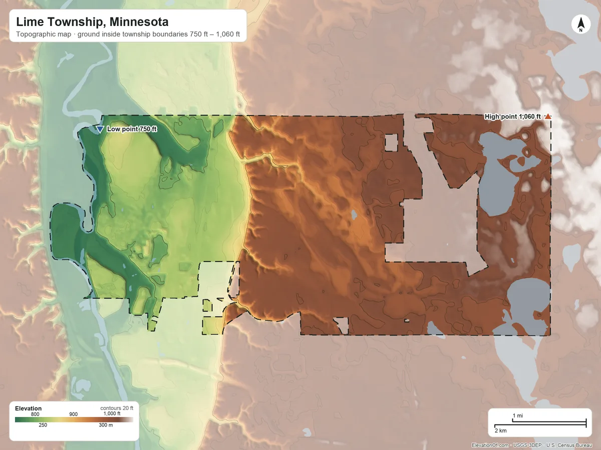 Topographic elevation map of Lime Township, Minnesota, shaded from 750 ft on the northwest side to 1,060 ft on the east side