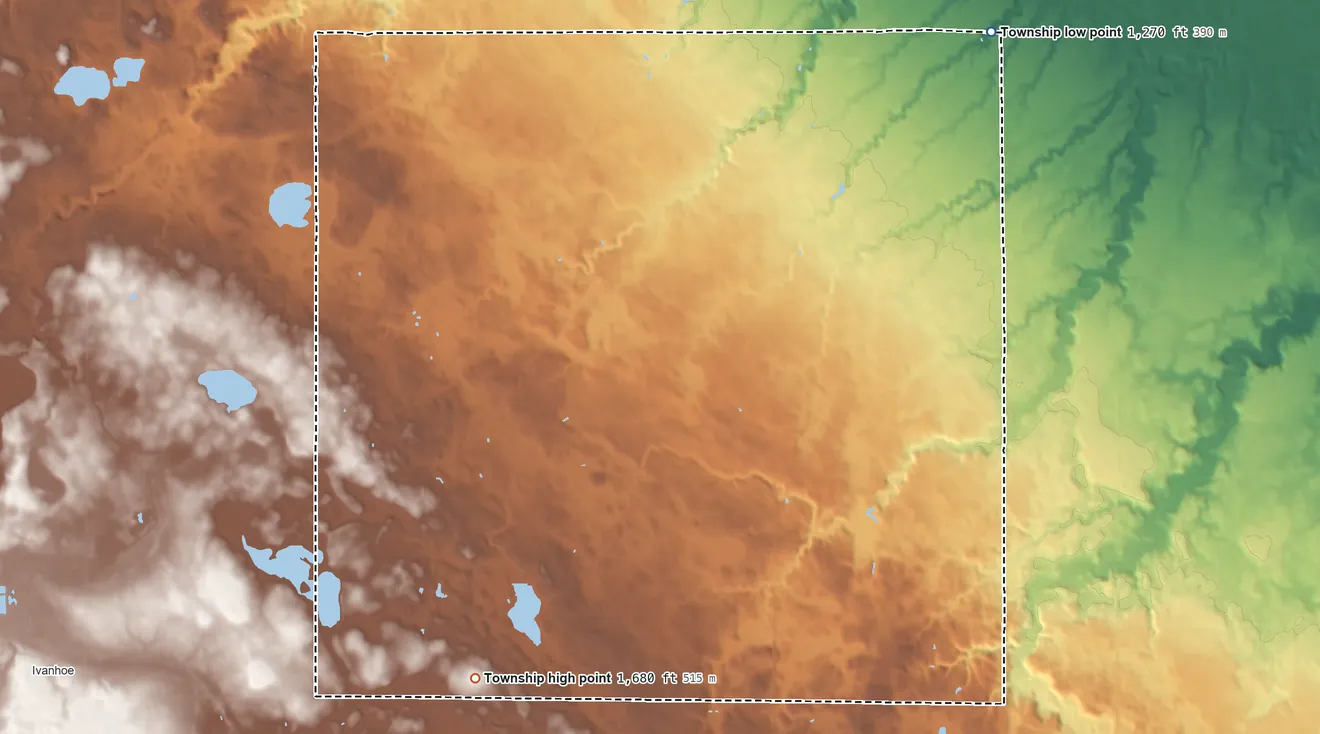 Topographic elevation map of Limestone Township, Minnesota, shaded from 1,270 ft on the northeast side to 1,680 ft on the southwest side