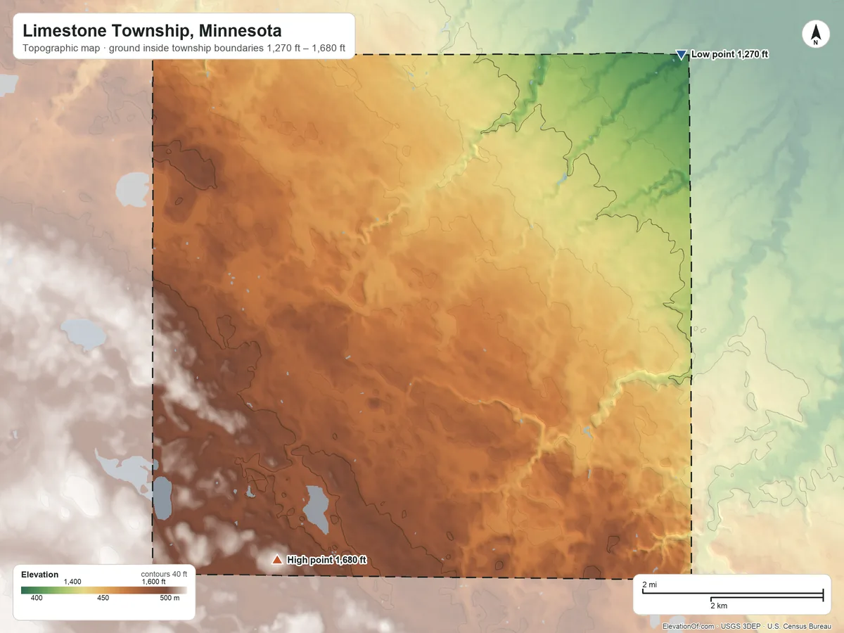 Topographic elevation map of Limestone Township, Minnesota, shaded from 1,270 ft on the northeast side to 1,680 ft on the southwest side