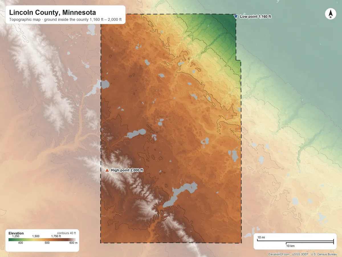 Topographic elevation map of Lincoln County, Minnesota, shaded from 1,160 ft on the northeast side to 2,000 ft on the southwest side
