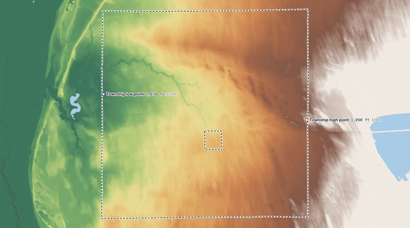 Topographic elevation map of Lincoln Township, Marshall County, Minnesota, shaded from 1,030 ft on the west side to 1,090 ft on the east side