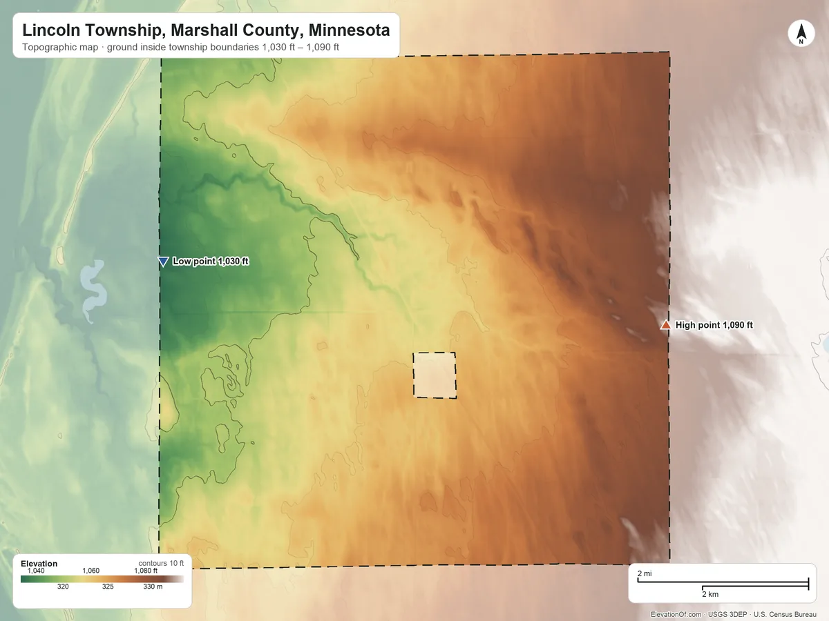 Topographic elevation map of Lincoln Township, Marshall County, Minnesota, shaded from 1,030 ft on the west side to 1,090 ft on the east side
