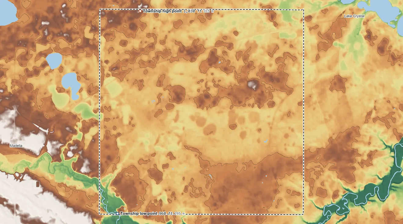 Topographic elevation map of Lincoln Township, Minnesota, shaded from 960 ft on the southwest side to 1,030 ft on the northwest side