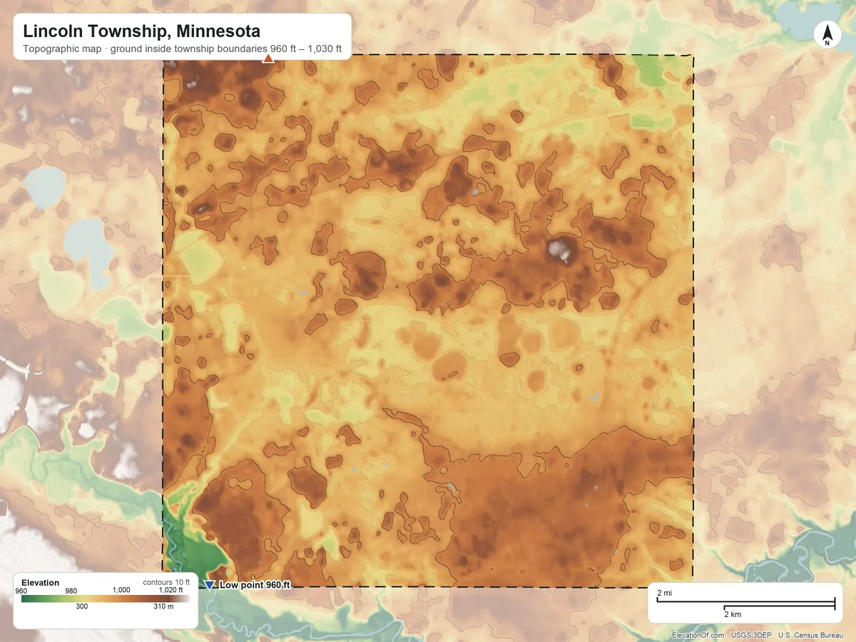 Topographic elevation map of Lincoln Township, Minnesota, shaded from 960 ft on the southwest side to 1,030 ft on the northwest side