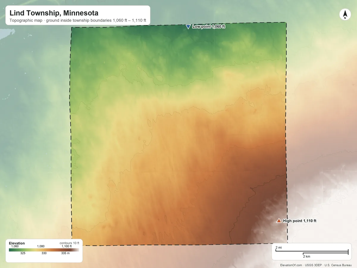 Topographic elevation map of Lind Township, Minnesota, shaded from 1,060 ft on the north side to 1,110 ft on the southeast side