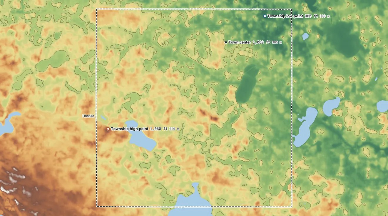 Topographic elevation map of Linden Township, Minnesota, shaded from 980 ft on the northeast side to 1,060 ft on the southwest side