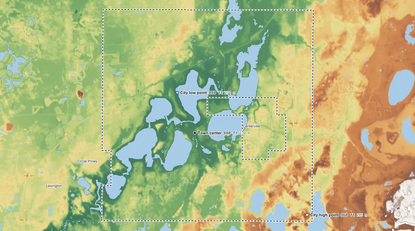 Topographic elevation map of Lino Lakes, Minnesota, shaded from 880 ft on the northwest side to 960 ft on the southeast side