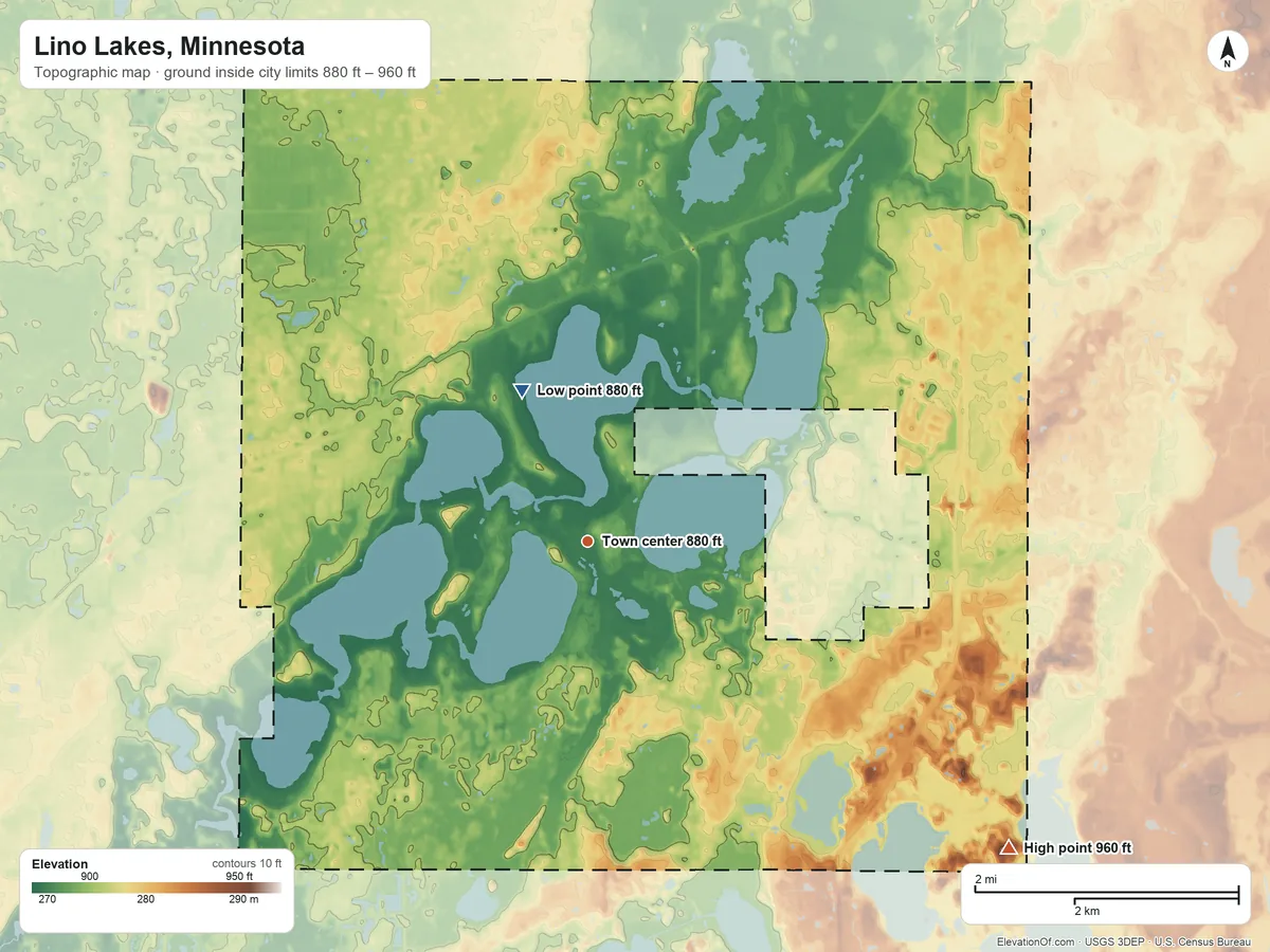 Topographic elevation map of Lino Lakes, Minnesota, shaded from 880 ft on the northwest side to 960 ft on the southeast side