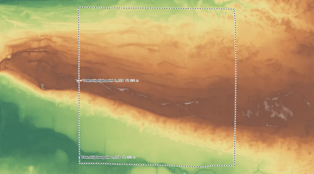 Topographic elevation map of Linsell Township, Minnesota, shaded from 1,160 ft on the southwest side to 1,220 ft on the west side