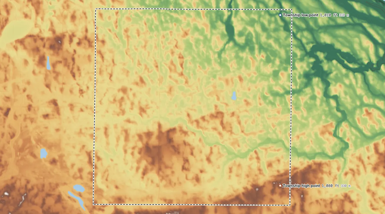 Topographic elevation map of Lisbon Township, Minnesota, shaded from 1,010 ft on the northeast side to 1,080 ft on the southeast side