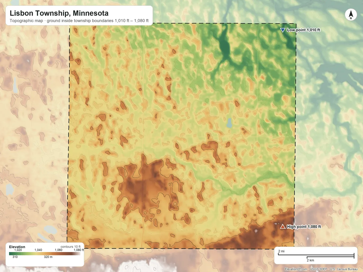 Topographic elevation map of Lisbon Township, Minnesota, shaded from 1,010 ft on the northeast side to 1,080 ft on the southeast side
