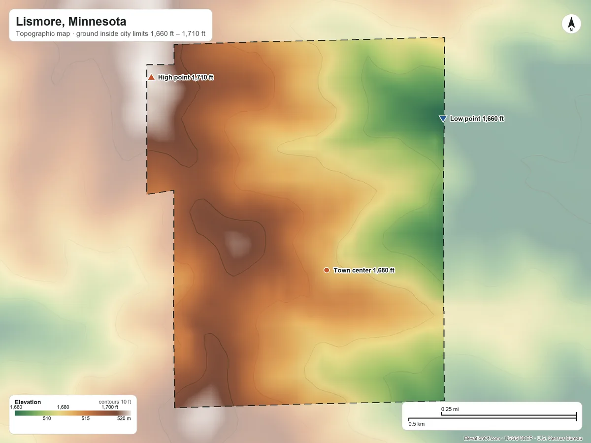 Topographic elevation map of Lismore, Minnesota, shaded from 1,660 ft on the northeast side to 1,710 ft on the northwest side