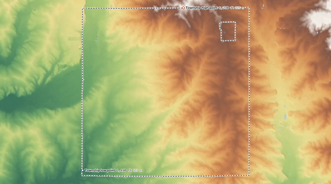 Topographic elevation map of Lismore Township, Minnesota, shaded from 1,490 ft on the southwest side to 1,730 ft on the north side
