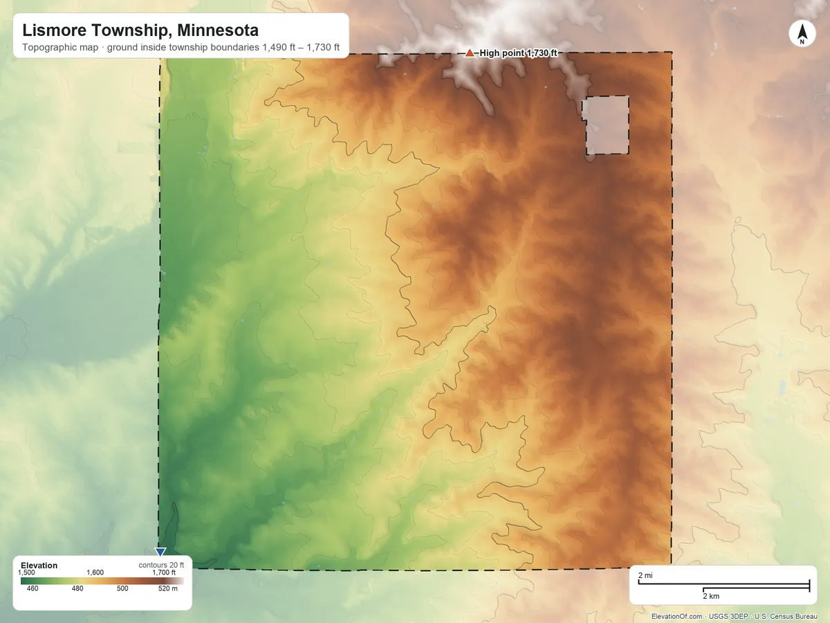 Topographic elevation map of Lismore Township, Minnesota, shaded from 1,490 ft on the southwest side to 1,730 ft on the north side