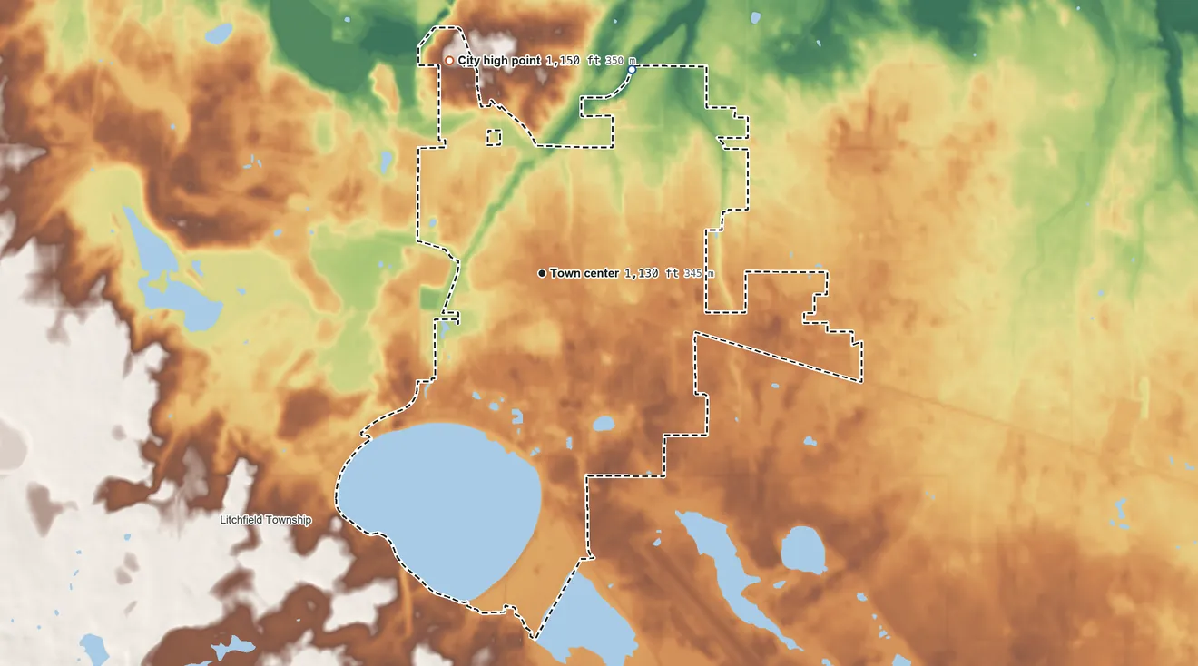 Topographic elevation map of Litchfield, Minnesota, shaded from 1,100 ft on the northeast side to 1,150 ft on the northwest side