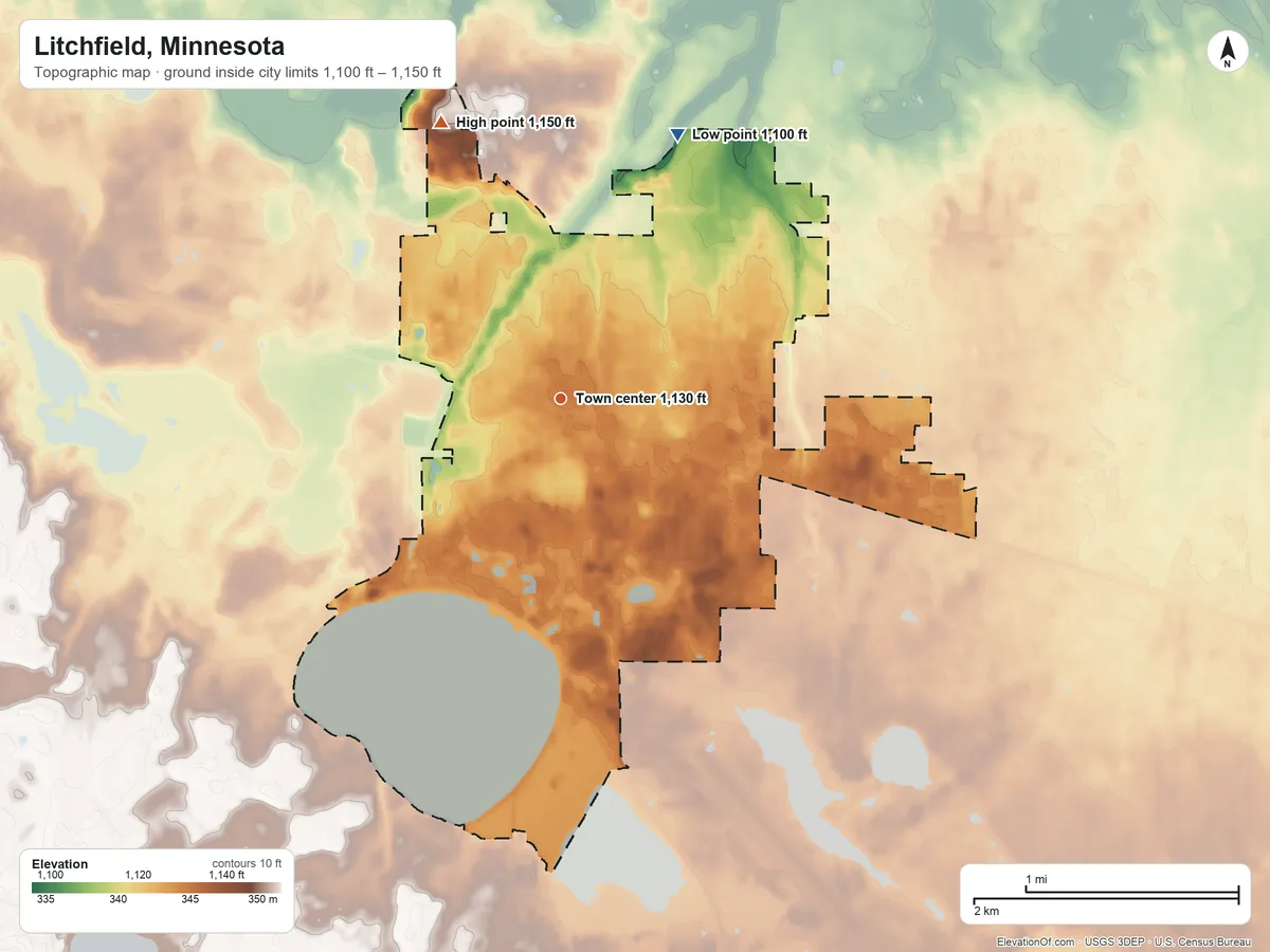Topographic elevation map of Litchfield, Minnesota, shaded from 1,100 ft on the northeast side to 1,150 ft on the northwest side