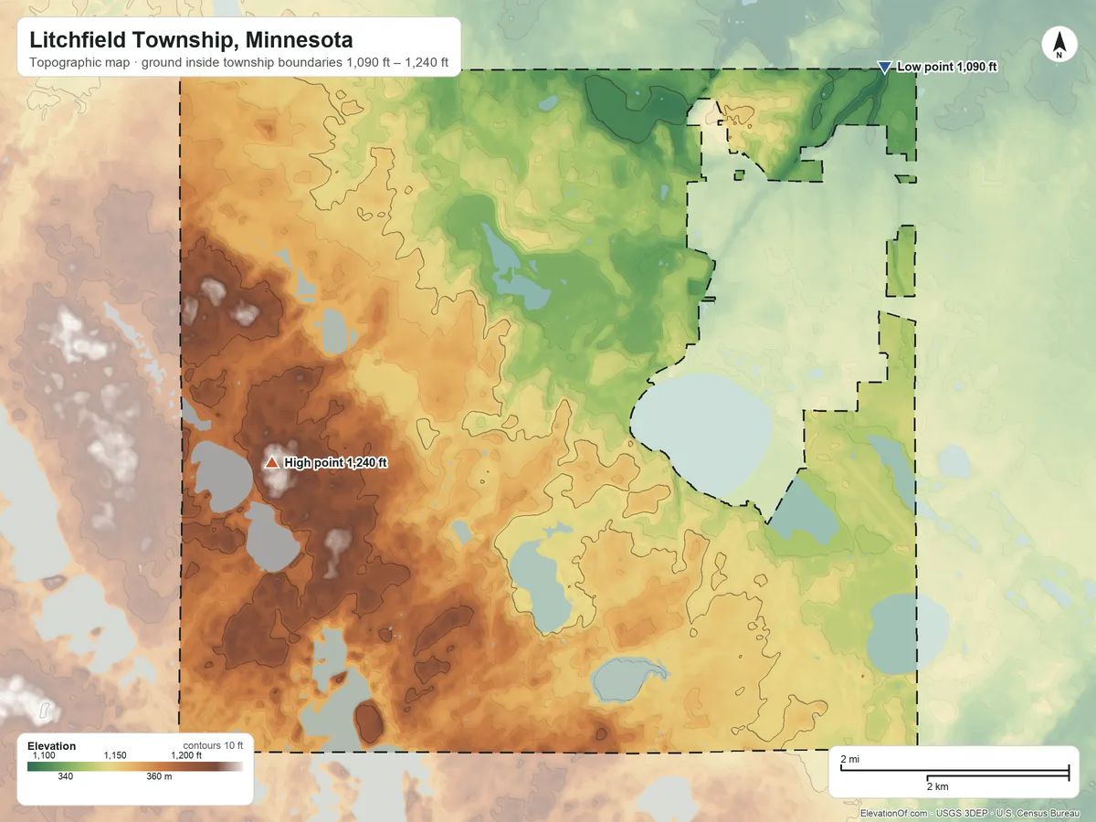 Topographic elevation map of Litchfield Township, Minnesota, shaded from 1,090 ft on the northeast side to 1,240 ft on the west side