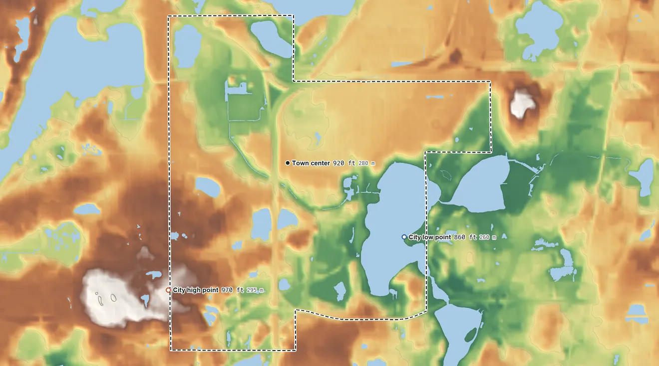 Topographic elevation map of Little Canada, Minnesota, shaded from 860 ft on the southeast side to 970 ft on the southwest side