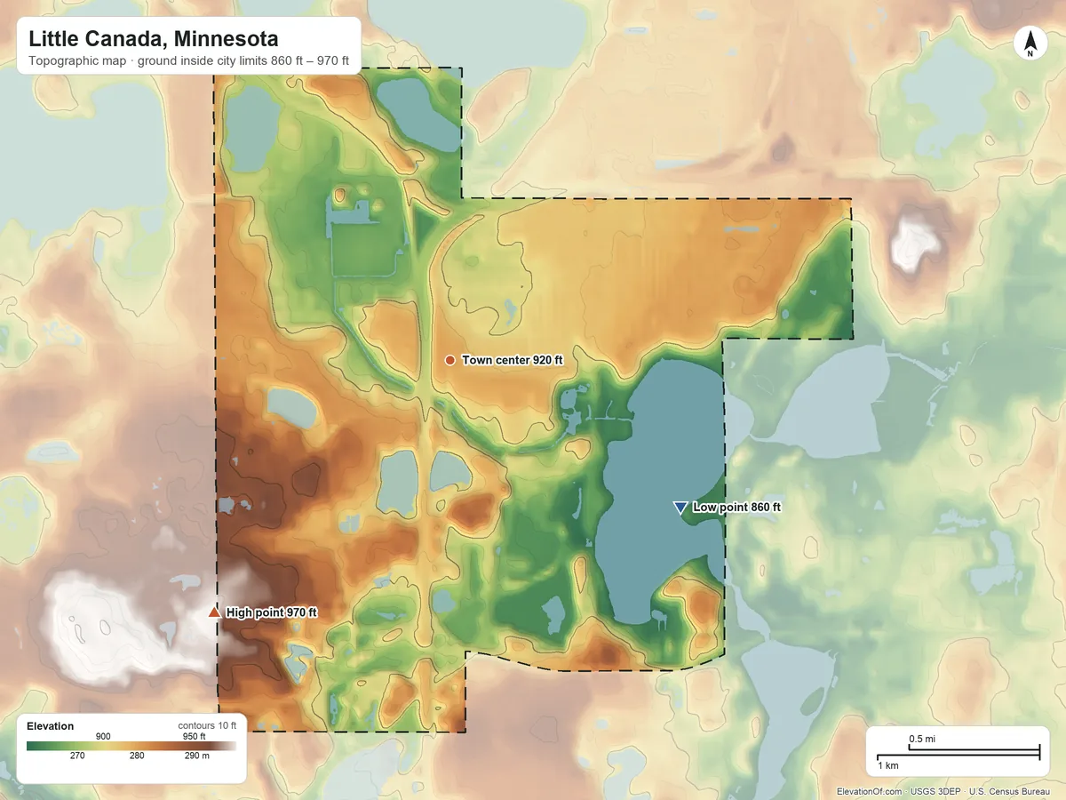 Topographic elevation map of Little Canada, Minnesota, shaded from 860 ft on the southeast side to 970 ft on the southwest side