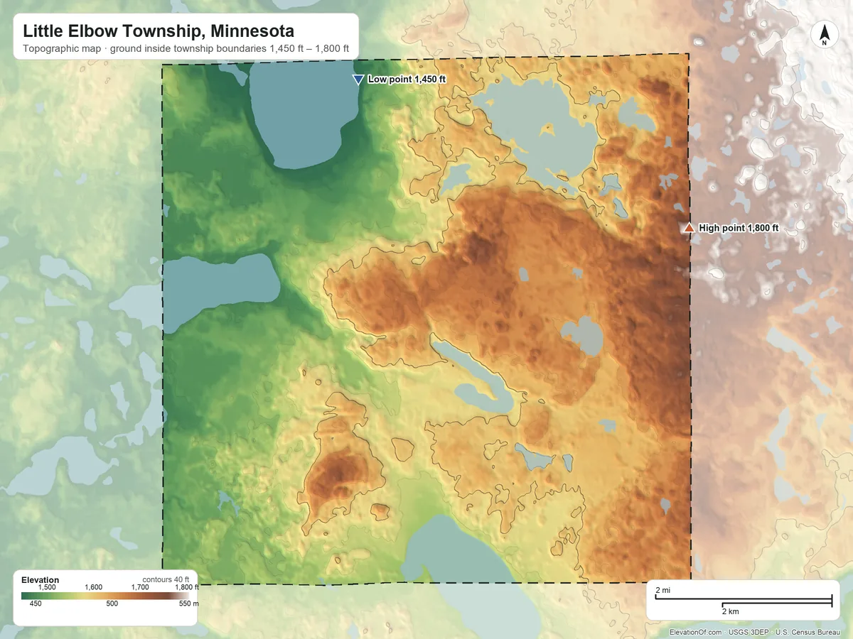 Topographic elevation map of Little Elbow Township, Minnesota, shaded from 1,450 ft on the north side to 1,800 ft on the northeast side