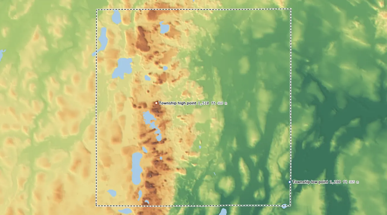 Topographic elevation map of Little Elk Township, Minnesota, shaded from 1,200 ft on the southeast side to 1,510 ft on the northwest side