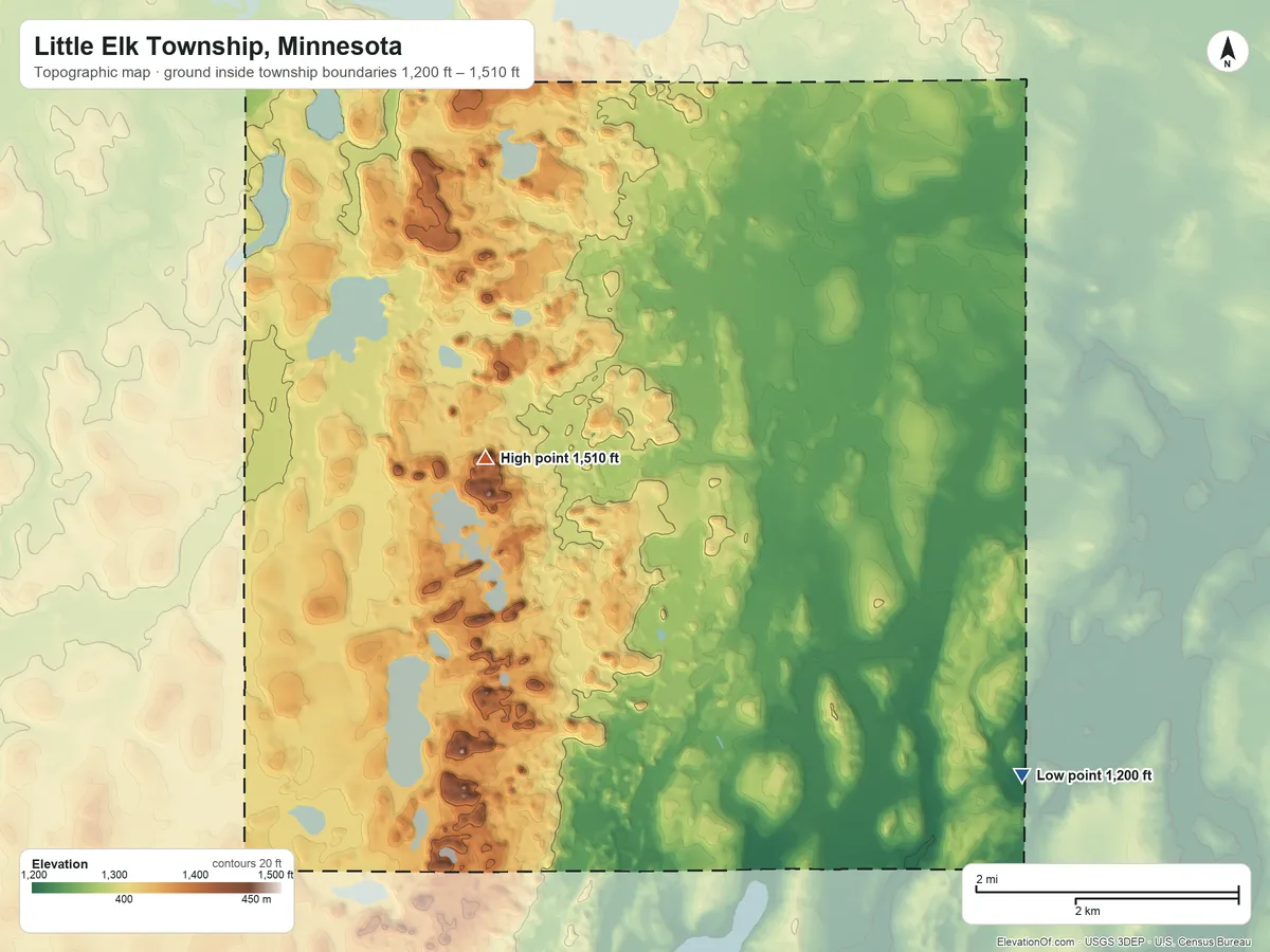 Topographic elevation map of Little Elk Township, Minnesota, shaded from 1,200 ft on the southeast side to 1,510 ft on the northwest side