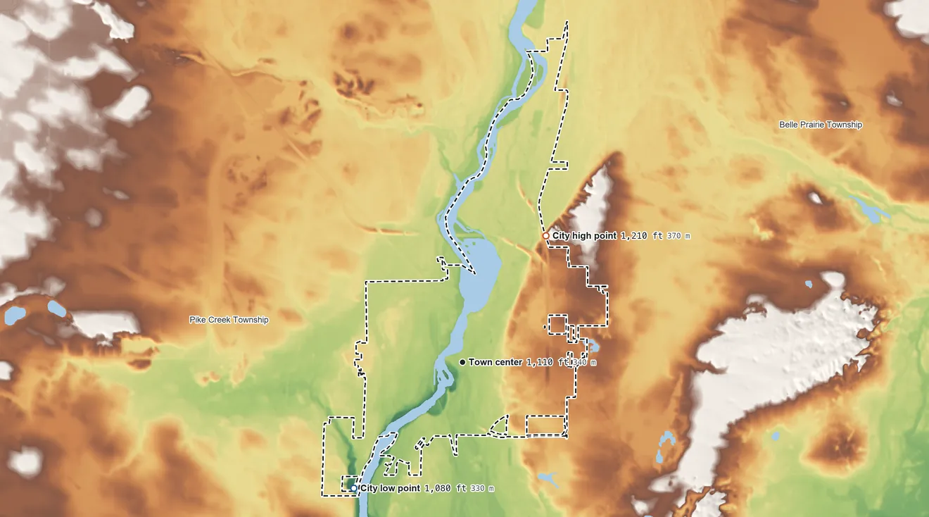 Topographic elevation map of Little Falls, Minnesota, shaded from 1,080 ft on the southwest side to 1,210 ft on the northeast side