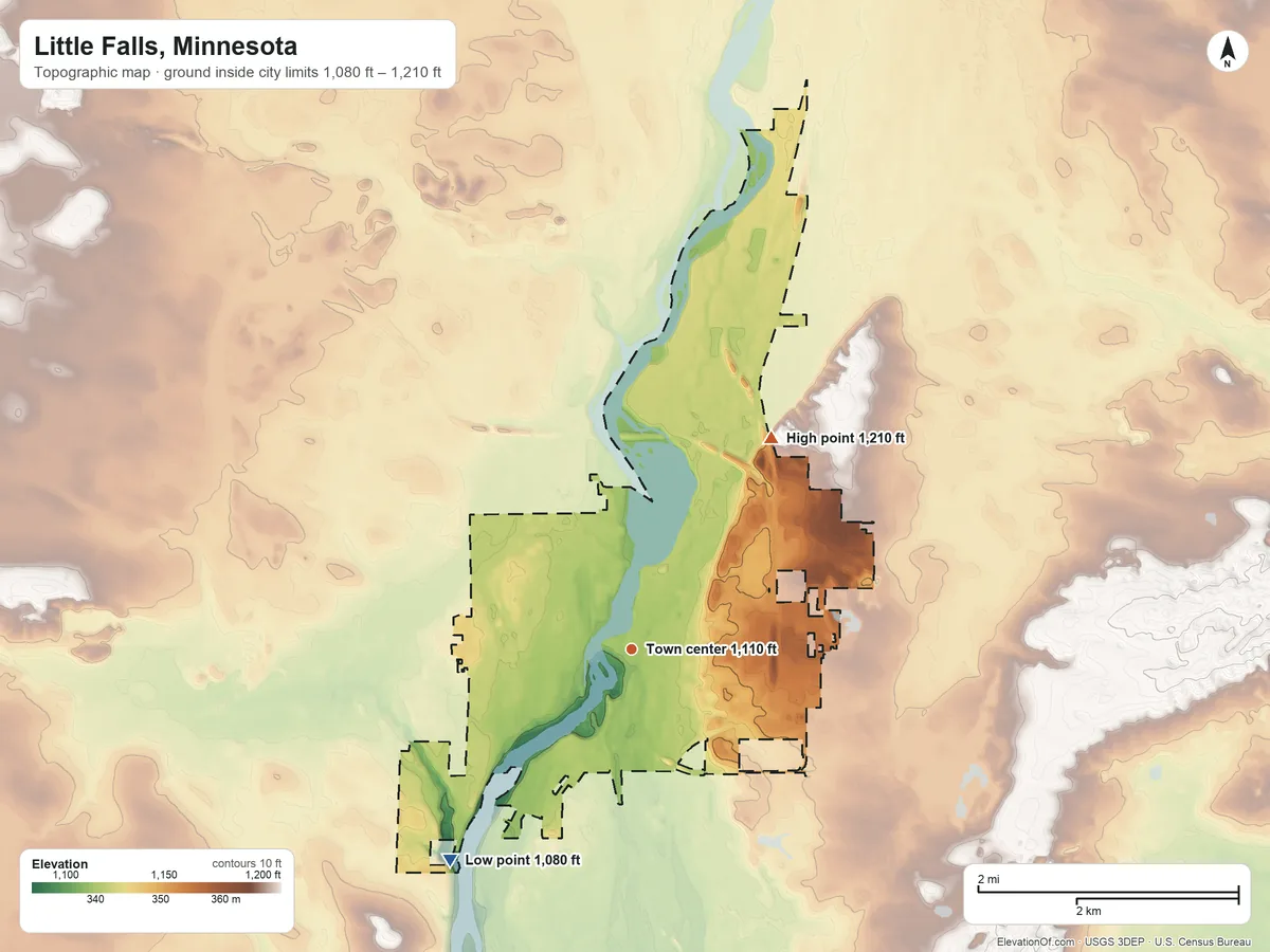 Topographic elevation map of Little Falls, Minnesota, shaded from 1,080 ft on the southwest side to 1,210 ft on the northeast side