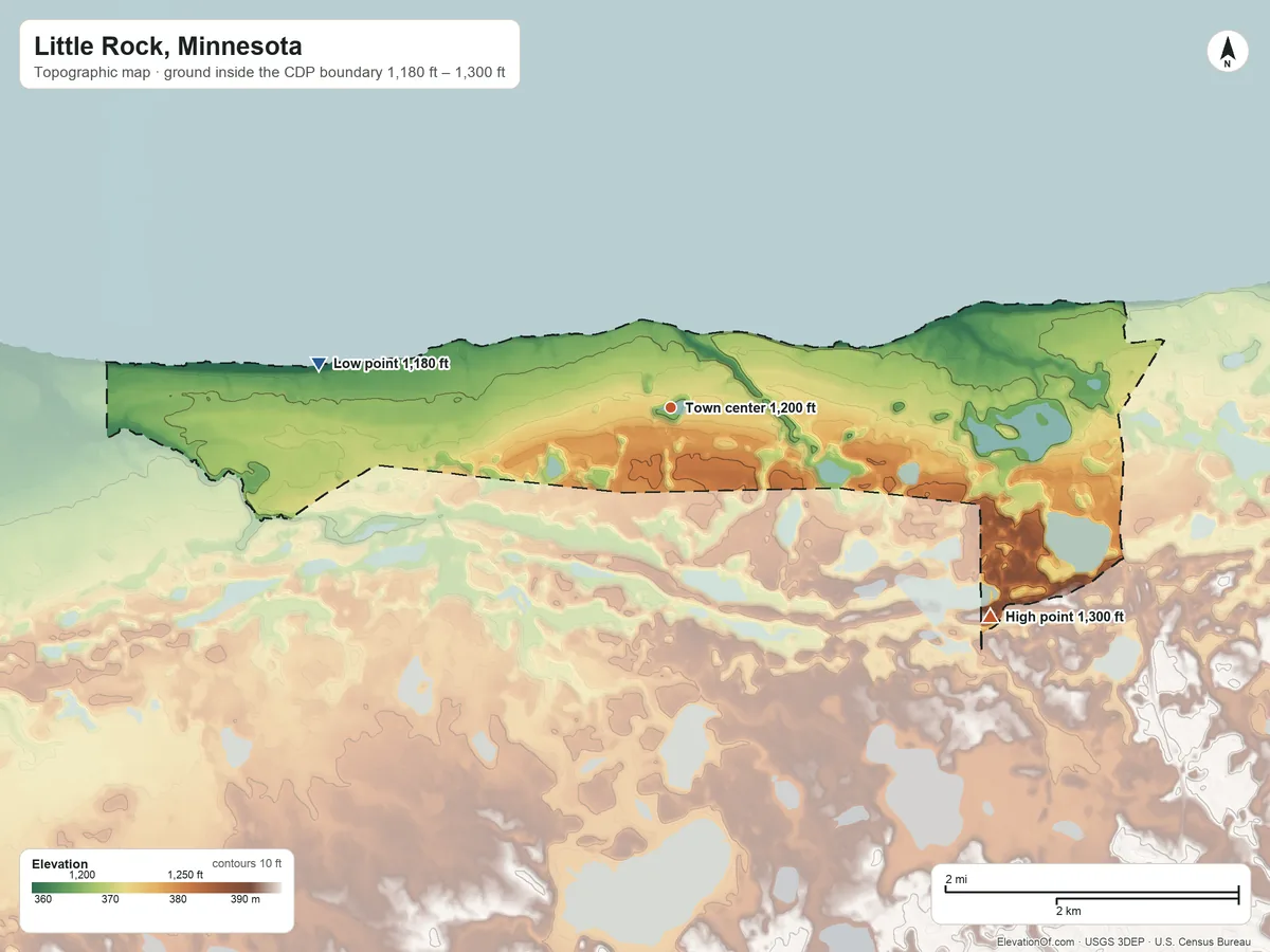 Topographic elevation map of Little Rock, Minnesota, shaded from 1,180 ft on the west side to 1,300 ft on the southeast side